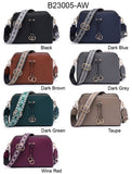 B23005-AW-Three Zipped Sections Canvas Strap Cross Body Bag: Wine Red
