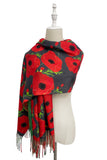 Bold Poppy & Monet Art Print Reversible Wool Tassel Scarf: Grey