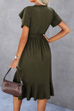 Elings Petal Sleeve Ruffle Trim Wrap Belted Midi Dress Olive