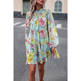 Elings Floral Print Tiered Sleeve Ruffle Hem Smock Dress