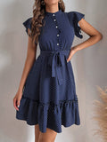 Wave Dot Lotus Leaf Sleeve Button Dress: Blue