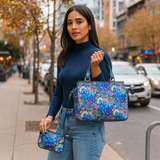 Printed Fabric Satchel Bag & Coin Pouch Set Combo for Women: Blue