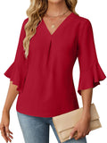 V Neck Smocked Chiffon Blouse Women 3/4 Ruffled Sleeve: Red