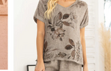 Orange fashion taupe floral linen top