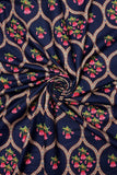 Traditional Tulip Print Wool Frayed Scarf: Navy Blue