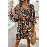 Elings Floral Print V Neck Loose Fit Tank Ruffle Dress