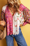 Multicolor Floral Patchwork Shirred Cuff Buttoned V Neck Blouse: Multicolor / 100%Viscose /