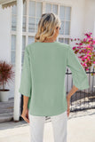 V-neck Medium sleeve chiffled chiffon top: White / 100%Polyester /