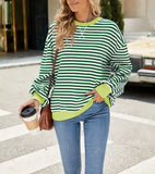 Striped Crew Neck Contrast Color Loose Long Sleeve Sweater: Green and white stripes / 65%Rayon+30%Polyester+5%Spandex / L