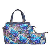 Printed Fabric Satchel Bag & Coin Pouch Set Combo for Women: Blue