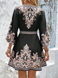 Printed V-neck Lace Up Waist Dress: Beige or Black