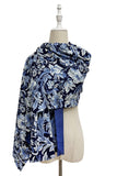 Decorative Leaf Floral Print Wool Frayed Scarf: Navy Blue