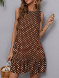 Wave Dot Ruffled Sleeveless Dress: Brown