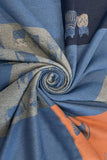 Cat Print Colour Block Reversible Frayed Scarf: Blue