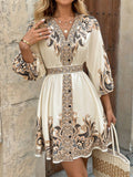 Printed V-neck Lace Up Waist Dress: Beige or Black