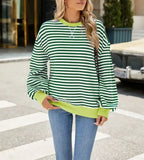 Striped Crew Neck Contrast Color Loose Long Sleeve Sweater: Green and white stripes / 65%Rayon+30%Polyester+5%Spandex / L