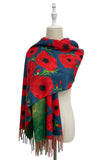 Bold Poppy & Monet Art Print Reversible Wool Tassel Scarf: Grey
