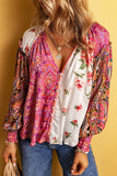 Multicolor Floral Patchwork Shirred Cuff Buttoned V Neck Blouse: Multicolor / 100%Viscose /