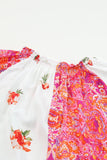 Multicolor Floral Patchwork Shirred Cuff Buttoned V Neck Blouse: Multicolor / 100%Viscose /