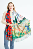 Bold Poppy & Monet Art Print Reversible Wool Tassel Scarf: Grey