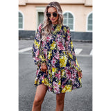 Elings Floral Print Tiered Sleeve Ruffle Hem Smock Dress