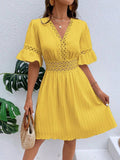 Spliced Lace Fashionable V-neck Solid Color Dress: Yellow