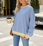 Striped Crew Neck Contrast Color Loose Long Sleeve Sweater: Blue and white stripes / 65%Rayon+30%Polyester+5%Spandex /