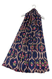 Traditional Tulip Print Wool Frayed Scarf: Navy Blue
