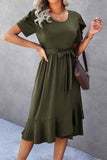 Elings Petal Sleeve Ruffle Trim Wrap Belted Midi Dress Olive