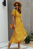 Elings V Neck Empire Waist Dress: Yellow Polka Dot Wrap Dress