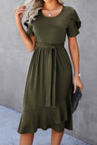 Elings Petal Sleeve Ruffle Trim Wrap Belted Midi Dress Olive