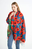 Bold Poppy & Monet Art Print Reversible Wool Tassel Scarf: Grey