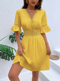 Spliced Lace Fashionable V-neck Solid Color Dress: Yellow
