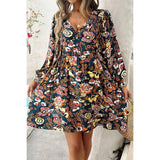 Elings Floral Print V Neck Loose Fit Tank Ruffle Dress