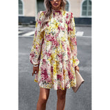 Elings Floral Print Tiered Sleeve Ruffle Hem Smock Dress