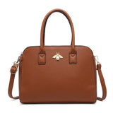 B23030-Bee Badge Triple Top Zipped Compartments Tote Handbag: Grey