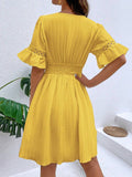Spliced Lace Fashionable V-neck Solid Color Dress: Yellow