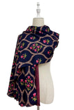Traditional Tulip Print Wool Frayed Scarf: Navy Blue