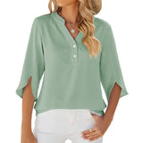 V-neck Medium sleeve chiffled chiffon top: White / 100%Polyester /