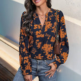 Women's Style Top Long-sleeved Pullover Printed Shirt: Navy blue / 100%Polyester /