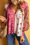Multicolor Floral Patchwork Shirred Cuff Buttoned V Neck Blouse: Multicolor / 100%Viscose /