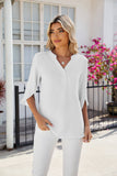 V-neck Medium sleeve chiffled chiffon top: White / 100%Polyester /