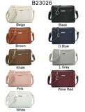 B23026-Triple compartments Top Zipped Cross Body Bag: Brown