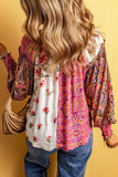 Multicolor Floral Patchwork Shirred Cuff Buttoned V Neck Blouse: Multicolor / 100%Viscose /
