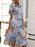 Summer Printed V-neck Waist Length Short Sleeved Dress: Blue