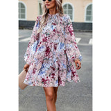 Elings Floral Print Tiered Sleeve Ruffle Hem Smock Dress
