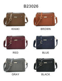 B23026-Triple compartments Top Zipped Cross Body Bag: Wine Red