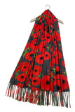 Bold Poppy & Monet Art Print Reversible Wool Tassel Scarf: Grey