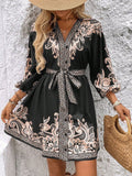 Printed V-neck Lace Up Waist Dress: Beige or Black