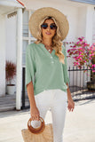 V-neck Medium sleeve chiffled chiffon top: White / 100%Polyester /